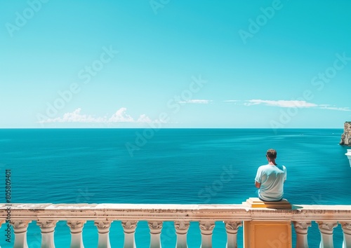 Serene Ocean View with Man Sitting on Balcony Railing Overlooking the Sea