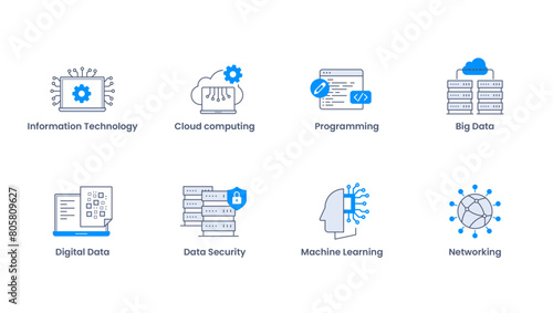 Vector icon set of Information Technology, Computer Science, Block Chain, Artificial Intelligence, Webpage, cloud, laptop, AI for web and mobile app. Blue icon set of information technology. 