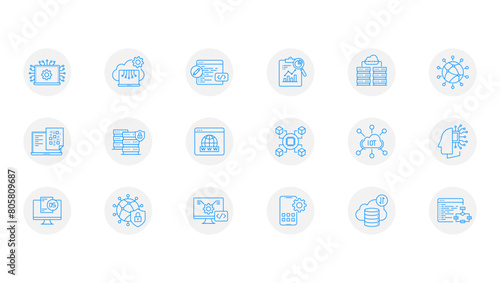 Set of information technology icons. Simple Blue thin line Artificial intelligence icon set. Blockchain, machine learning, chatGPT, Generative AI, Mobile app development, Cloud computing icons. 