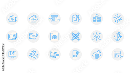 Set of information technology icons. Simple Blue thin line Artificial intelligence icon set. Blockchain  machine learning  chatGPT  Generative AI  Mobile app development  Cloud computing icons. 