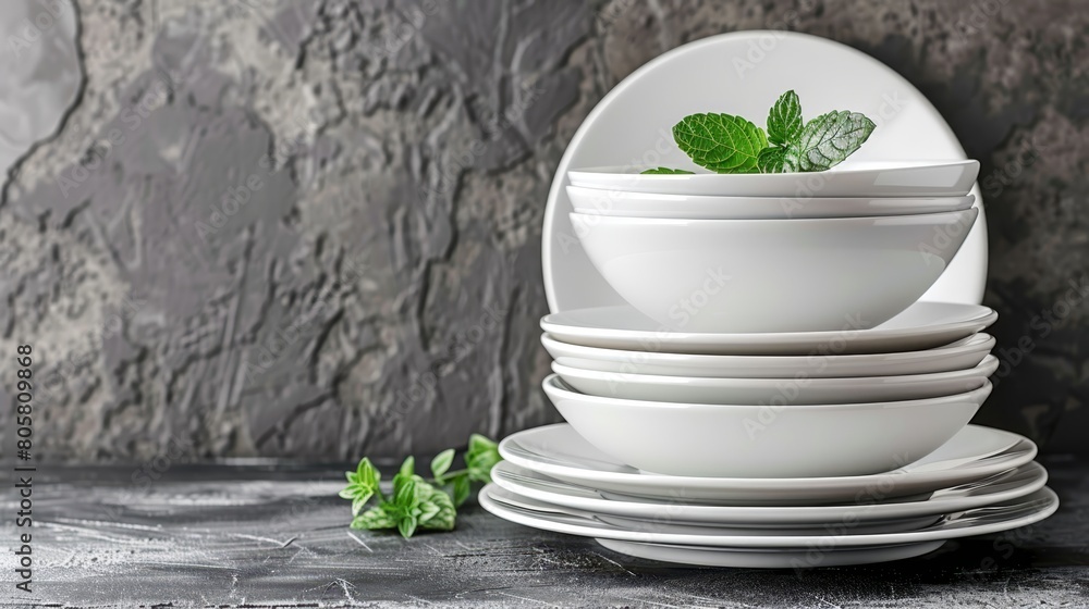 A stack of white plates with a plant growing from one, atop another A stack of white plates with a plant growing from one, atop another