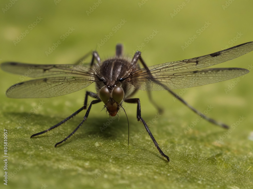 Fototapeta premium Closeup on a dance fly, Empis livida sitting on a green leaf