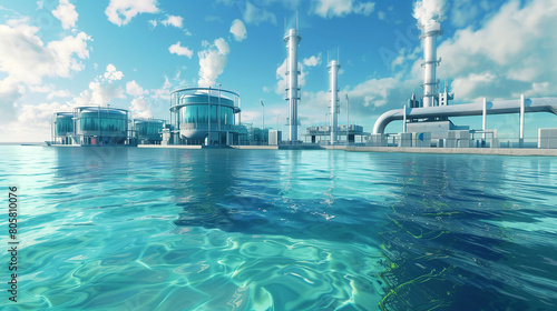 A blue ocean with a large industrial plant in the background. The plant is emitting smoke  giving the scene a somewhat ominous and industrial feel