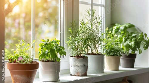   A row of potted plants sits atop a window sill  facing the window