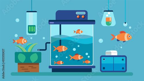 With builtin automatic feeders and water change dispensers this smart fish tank maintenance system takes the hassle out of caring for your fish.. Vector illustration photo