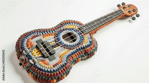Detailed knitted guitar showcasing musical theme, presented on white.