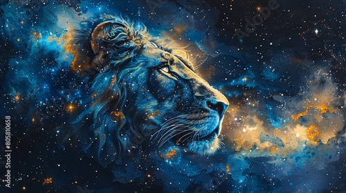 a mesmerizing watercolor depiction of space adorned with shimmering stars and the majestic Leo constellation, elegantly portrayed on textured watercolor paper © growth.ai