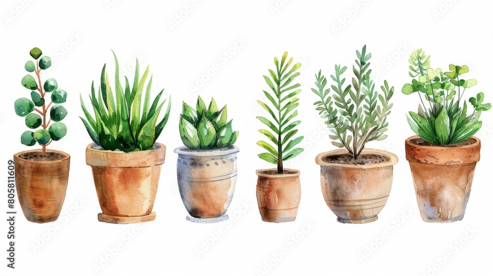 Fototapeta premium watercolor cute boho flower pot plants collection set isolated on white background