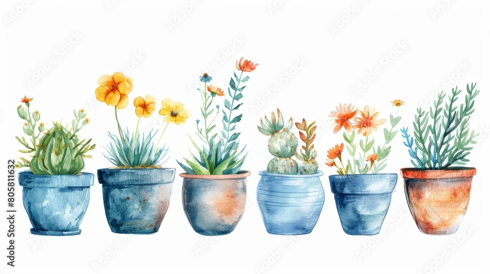 watercolor cute boho flower pot plants collection set isolated on white background watercolor cute boho flower pot plants collection set isolated on white background