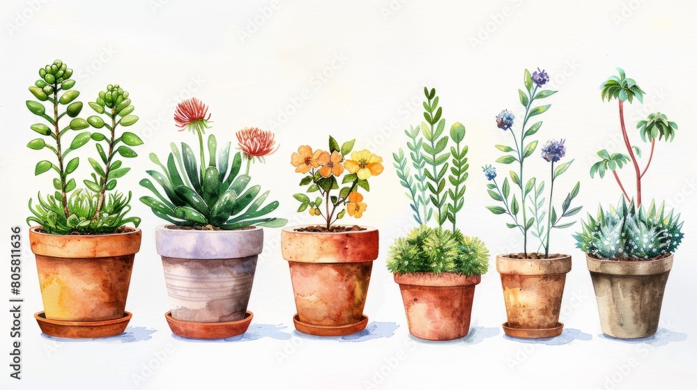 watercolor cute boho flower pot plants collection set isolated on white background watercolor cute boho flower pot plants collection set isolated on white background