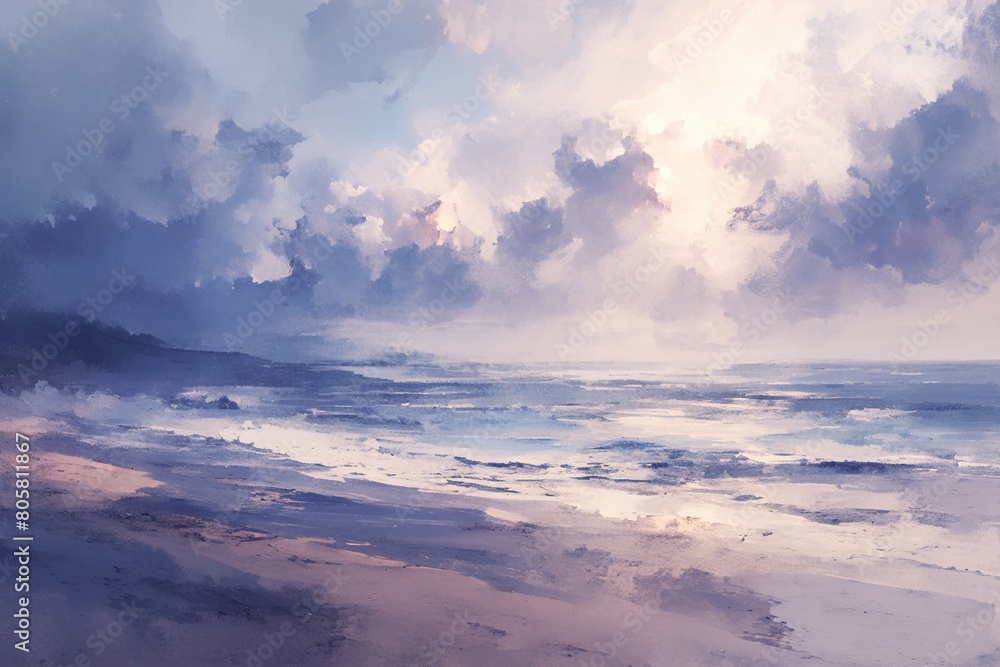 Stormy beach scene, realistic watercolor, dark to light gray tones, dynamic sky, frontal view