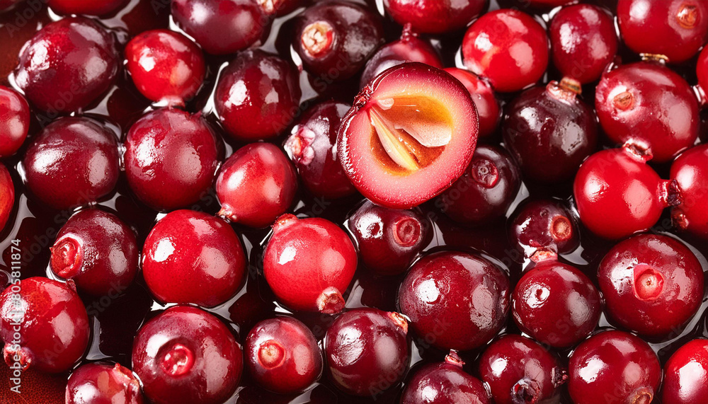 Flat lay of cranberry texture with slice, Top view of fruits concept background Flat lay of cranberry texture with slice, Top view of fruits concept background