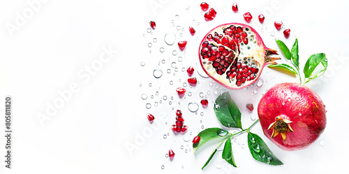 Pomegranate with water drops and leaves isolated on a white background. Red sweet fruit. Banner, copy space photo