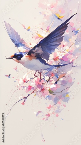 Swallow in spring, watercolor, swift flight, blooming flowers, eye level, dynamic motion, soft light , illustration style