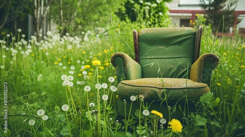 Green armchair between dandelion and plant . Generative Ai