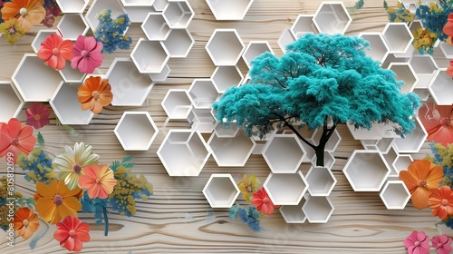 White lattice and turquoise elements combine with dynamic hexagons in an oak wood mural design.