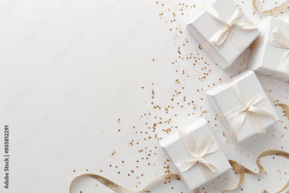white gift box background with gold ribbon. copy space for your text or design white gift box background with gold ribbon. copy space for your text or design