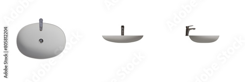 Bathroom Sink with Faucet Top View, Front View, Side View. Isolated Transparent Background photo