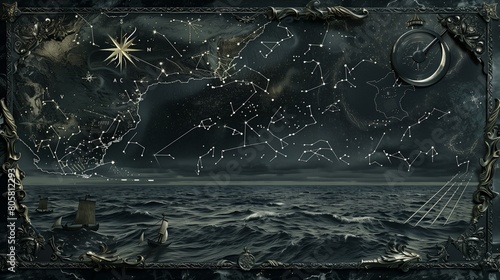 Dark Gothic-style sea map with silver inlays depicting star constellations and moon phases above a brooding ocean. photo