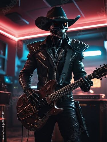 Portrait of a musician in a leather jacket and hat with a guitar.