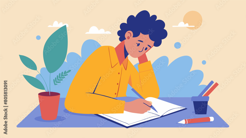 A person writing in a journal using expressive writing as a stress reduction technique.. A person writing in a journal using expressive writing as a stress reduction technique..