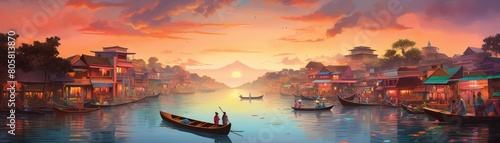 Wallpaper Mural Floating market at dawn, colorful boats, lively vendors, cultural, papercut 3D style Torontodigital.ca