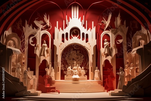 Royal court, throne room, intrigue and diplomacy, power plays, papercut 3D style