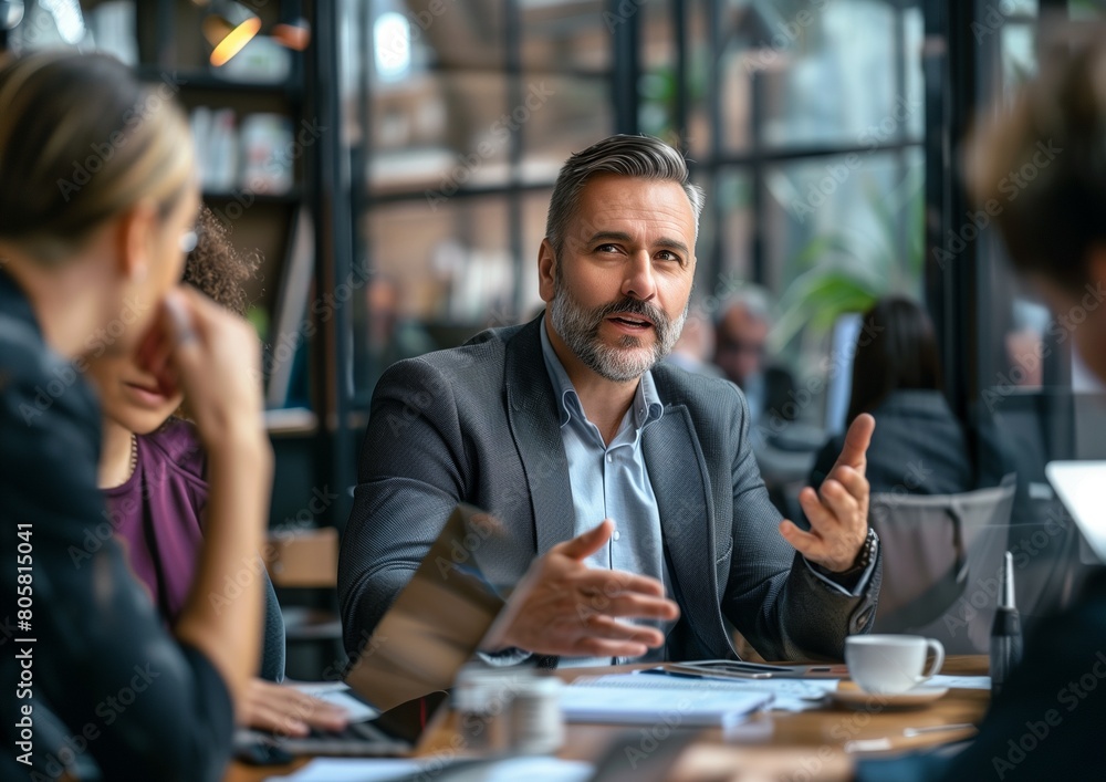 Confident Business Executive Leading Meeting Discussion in Modern Office Cafe Confident Business Executive Leading Meeting Discussion in Modern Office Cafe