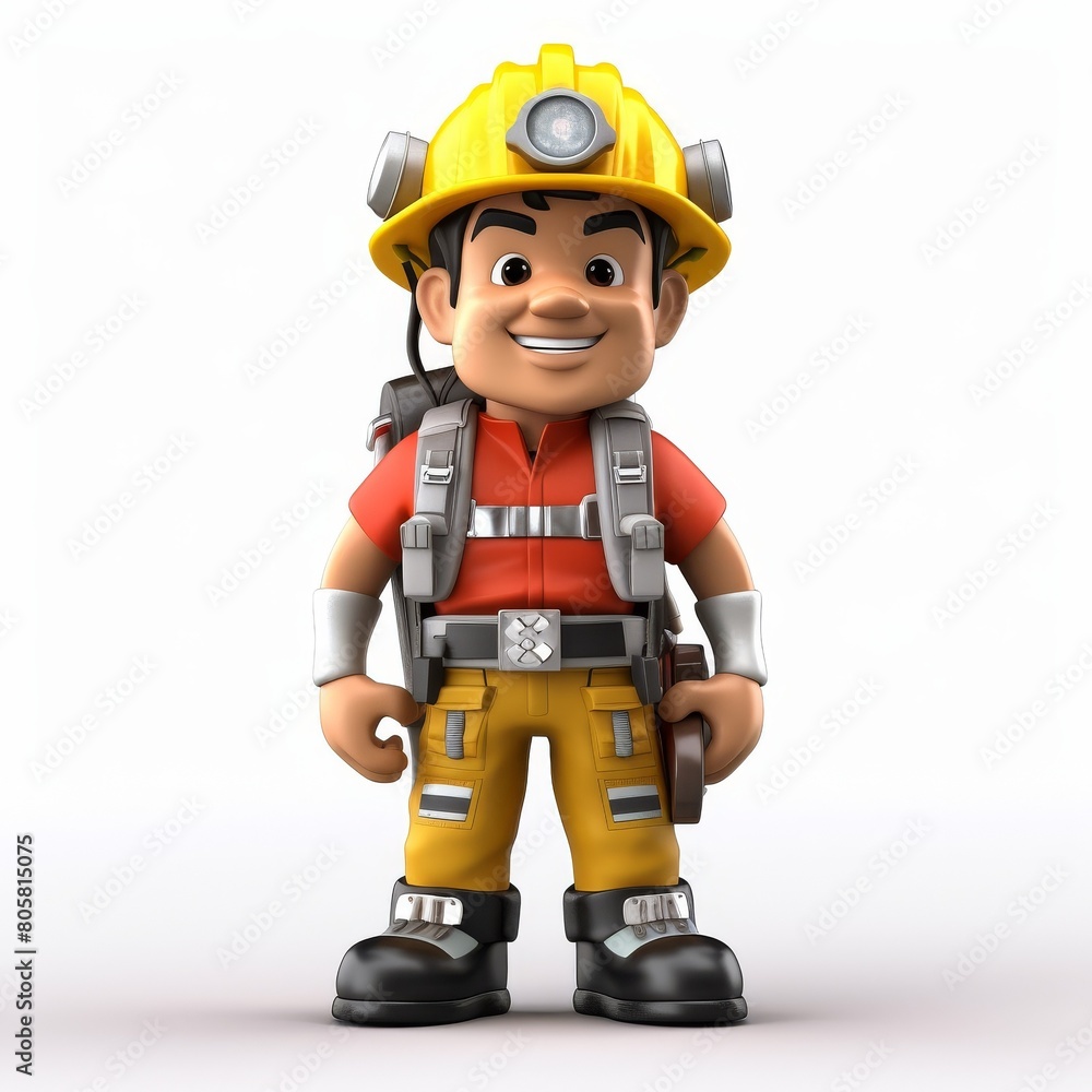 Smiling Cartoon Firefighter Character Poses in Full Gear on White Background. Smiling Cartoon Firefighter Character Poses in Full Gear on White Background.