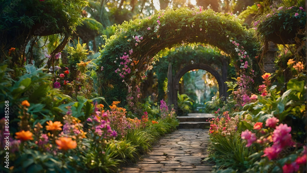 A hidden fairytale garden, its entrance adorned with lush flower arches and vibrant greenery, beckoning wanderers into a world of enchantment and wonder.