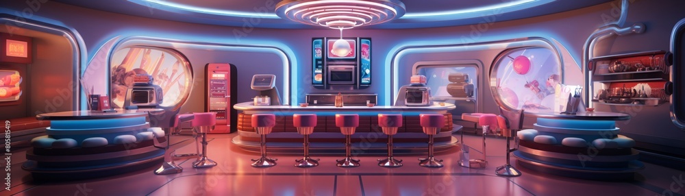 Retro diner with futuristic touches, neon accents, soft ambient light, front perspective Retro diner with futuristic touches, neon accents, soft ambient light, front perspective