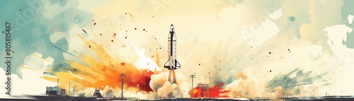 Vintage rocket, futuristic retro blend, launching pad, dynamic angle shot  photo