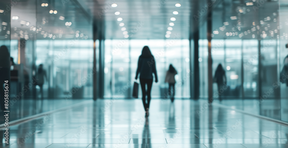 A woman is walking down a hallway with other people A woman is walking down a hallway with other people
