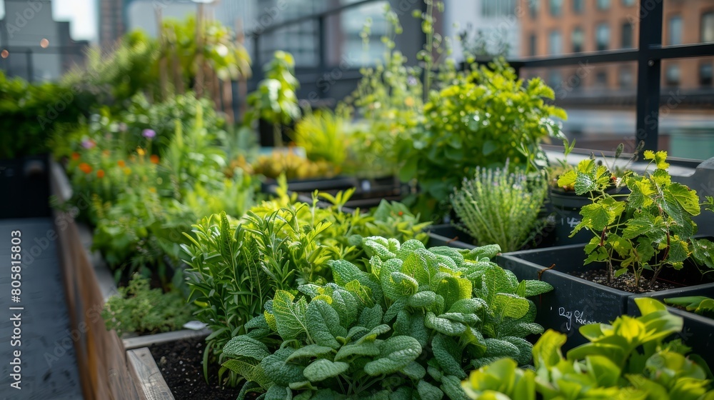 An urban garden with various herbs and plants growing in wooden planters. An urban garden with various herbs and plants growing in wooden planters.