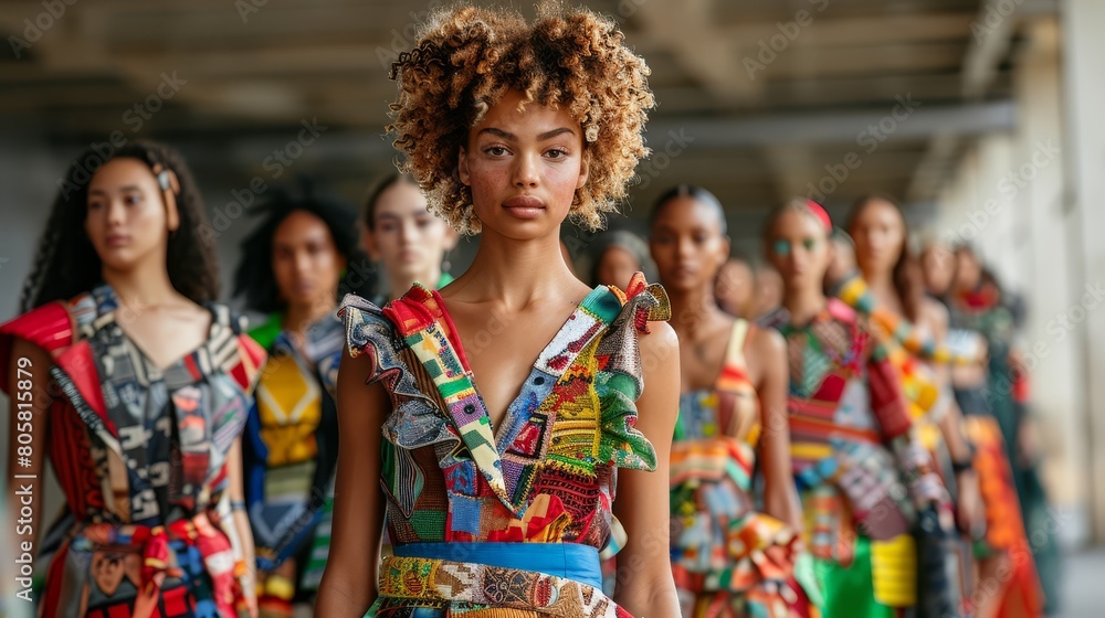 Models wearing colorful outfits made of recycled materials walk the runway during a fashion show. Models wearing colorful outfits made of recycled materials walk the runway during a fashion show.