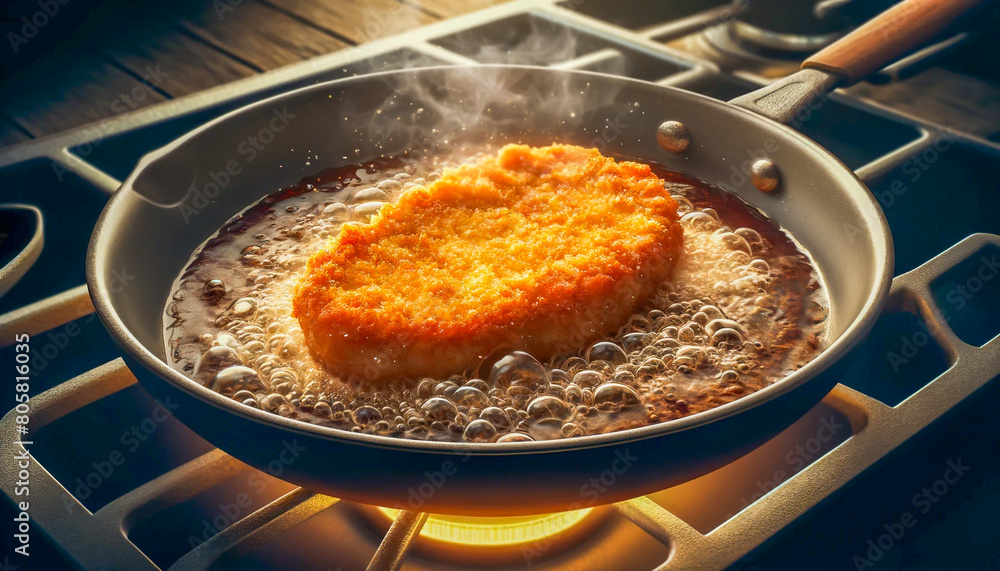 Schnitzel fries in a skillet over a stove, bubbling oil surrounding it, highlighted by the kitchen's warm glow. Schnitzel fries in a skillet over a stove, bubbling oil surrounding it, highlighted by the kitchen's warm glow.