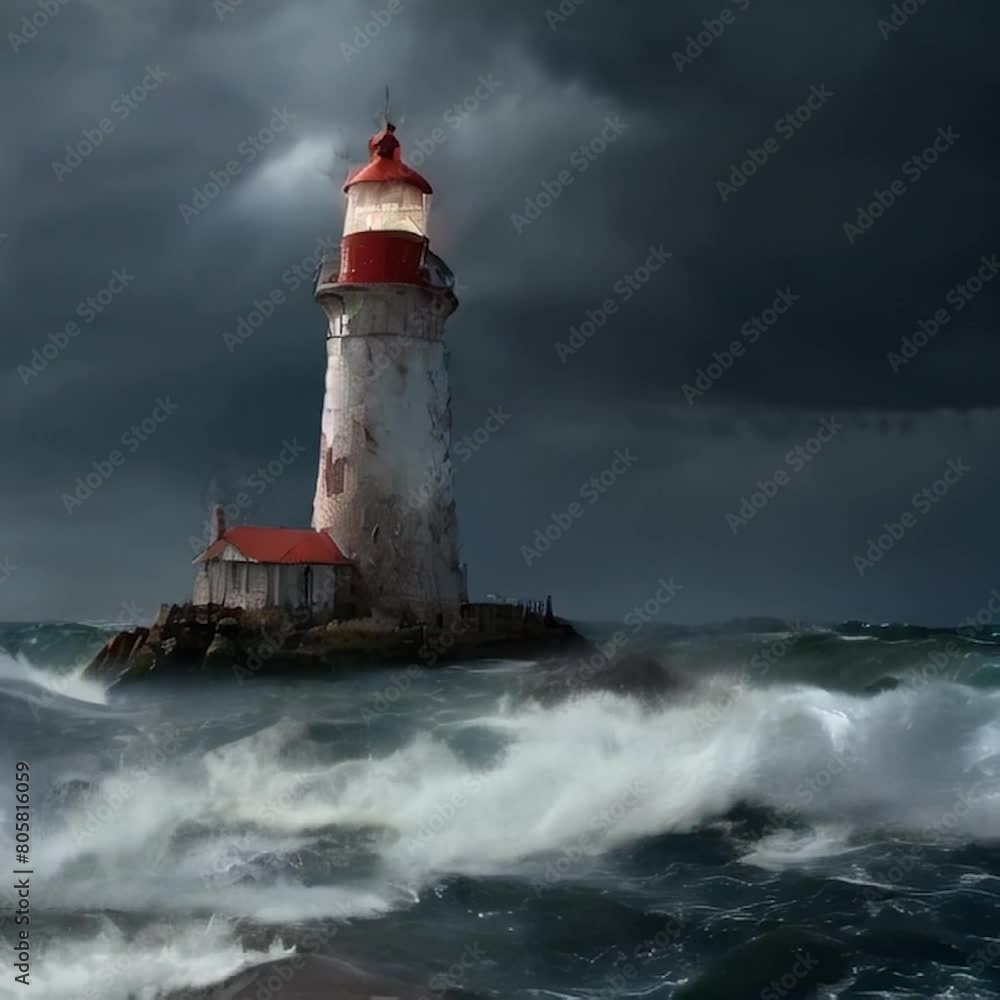 Lighthouse on the rocks by the raging waves. Lighthouse on sea rock. Sea rock lighthouse. Coastal lighthouse landscape Lighthouse on the rocks by the raging waves. Lighthouse on sea rock. Sea rock lighthouse. Coastal lighthouse landscape