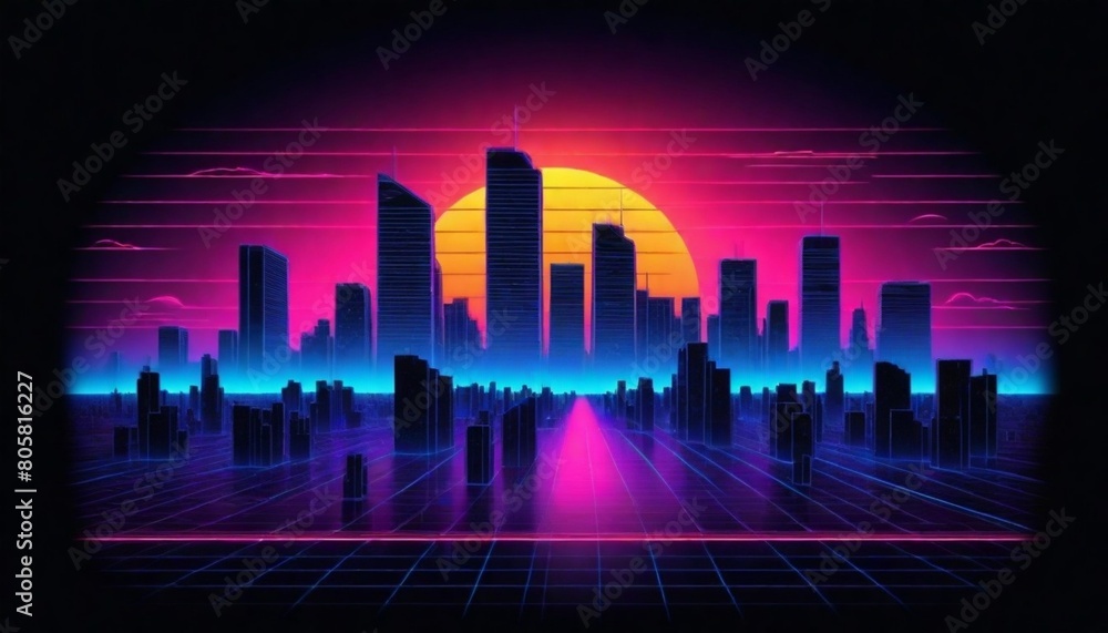 3d model A retro sunset cityscape with silhouettes (6)