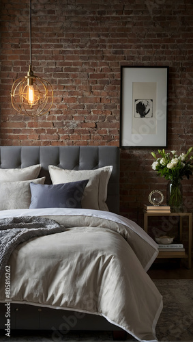 A chic urban loft bedroom, featuring sleek modern furniture against exposed brick walls, with a king-sized bed draped in luxurious linens.