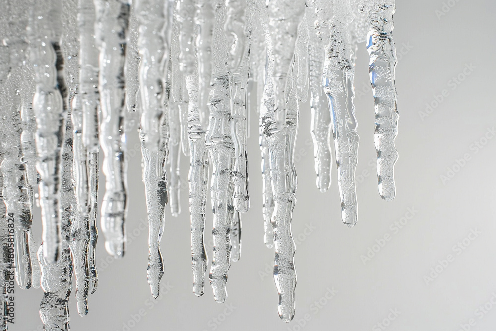 Frozen icicles glistening against a pure white backdrop