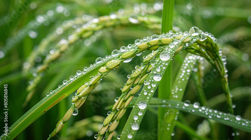 Highlight the beauty of the water droplets glistening on the leaves of the rice plants