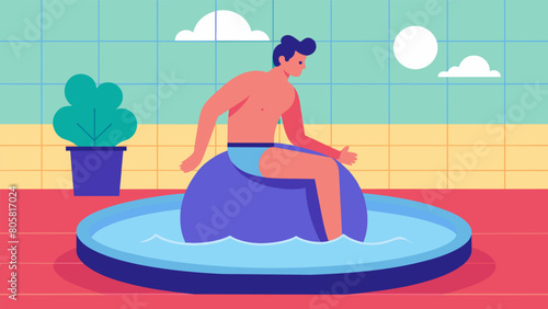 A man balancing on a stability ball in a hot tub using the heat and resistance of the water to engage his core muscles.. Vector illustration