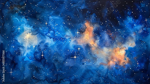 a watercolor painting of space featuring twinkling stars and the Gemini constellation, beautifully presented on textured watercolor paper.