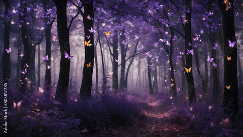 A purple forest alive with glowing butterflies  weaving an enchanting tapestry of fantasy.