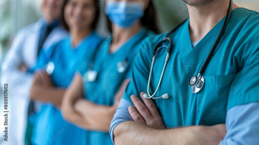 Doctors, surgeons, nurses, and hospital workers stand with arms crossed and smiles in a diverse team portrait, showcasing pride in healthcare services at the hospital. Doctors, surgeons, nurses, and hospital workers stand with arms crossed and smiles in a diverse team portrait, showcasing pride in healthcare services at the hospital.