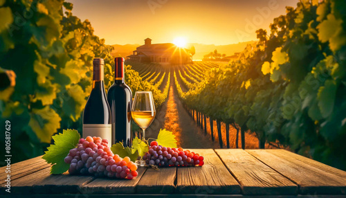 Wine bottles and a glass set on a rustic table with a vineyard backdrop bathed in the sunset. photo