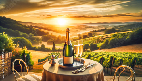 Champagne set on a table overlooking a scenic vineyard at sunset, promising a romantic evening.