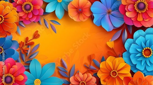 A vibrant illustration of Happy Womens Day floral decorations blooms vividly in paper art style, creating a lively banner with copy space on center