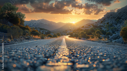 An abandoned, cracked road winds through rugged mountains, bathed in the warm hues of a setting sun. Nature reclaims its path, hinting at stories untold. photo