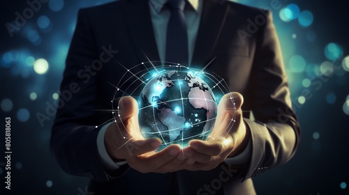 Businessman holding global internet connection technology  engaging in digital marketing and business strategy planning.  